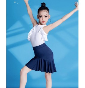 Girls kids ruffles blue white latin ballroom dance dresses modern salsa rumba cha cha dance skirts stage performance costumes for kids 